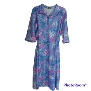 Vintage Sue Sherry Polyester Floral 1/2 Wide Sleeve Blue Pink Sheath Dress